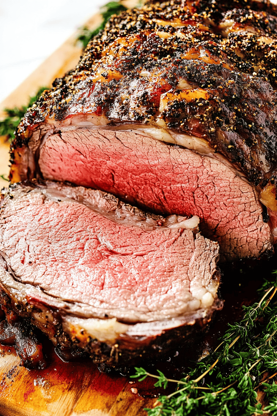 Prime Rib Cooking slice on plate showing perfect texture and swirl pattern
