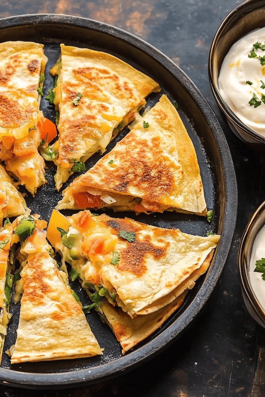 Quesados appetizer slice on plate showing perfect texture and swirl pattern