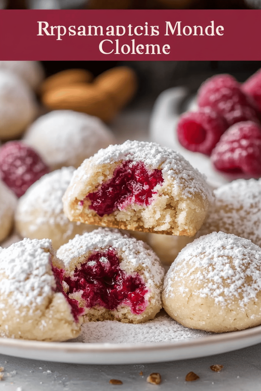 Raspberry Almond Snowball Cookies slice on plate showing perfect texture and swirl pattern