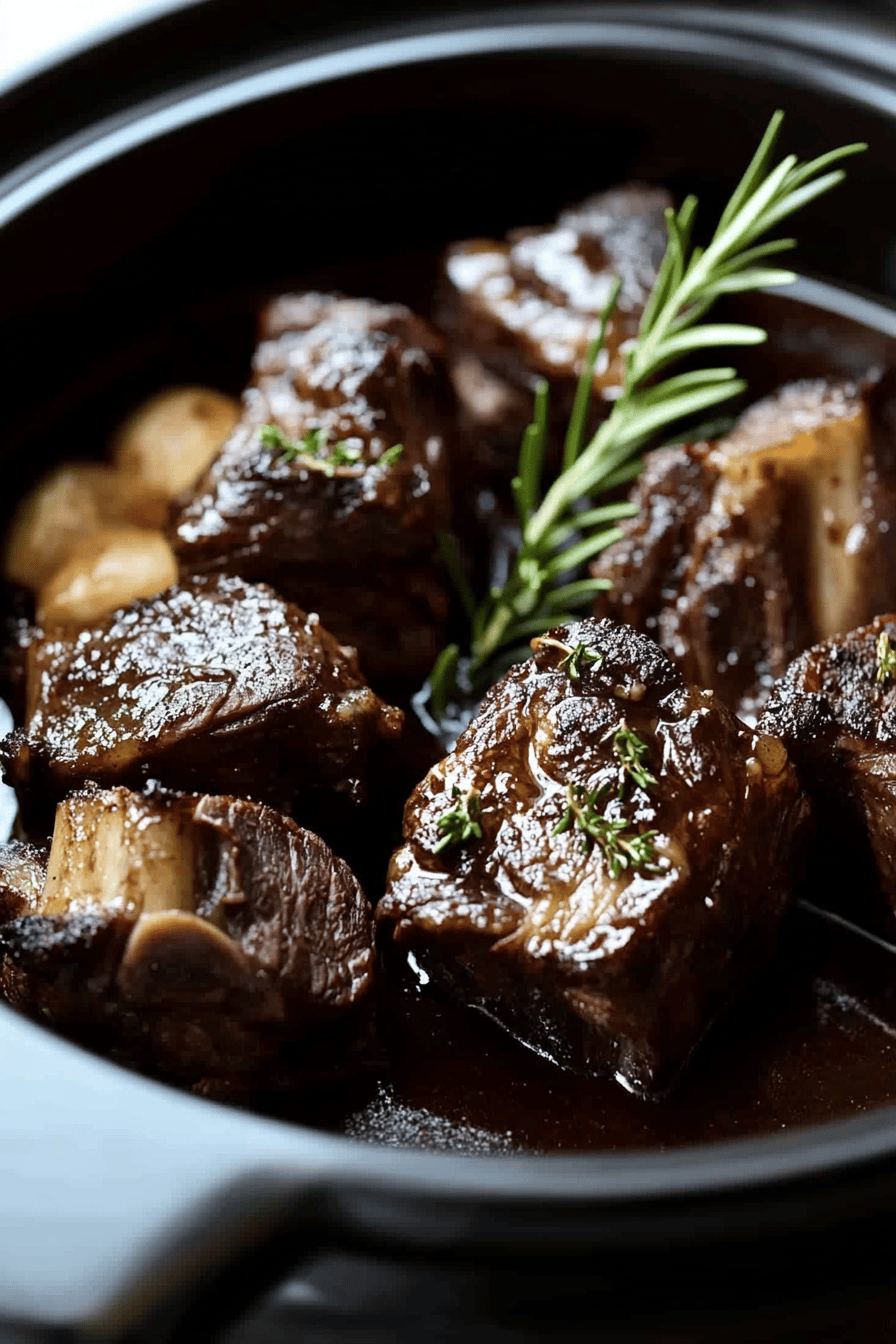 Slow Cooker Beef Short Ribs slice on plate showing perfect texture and swirl pattern