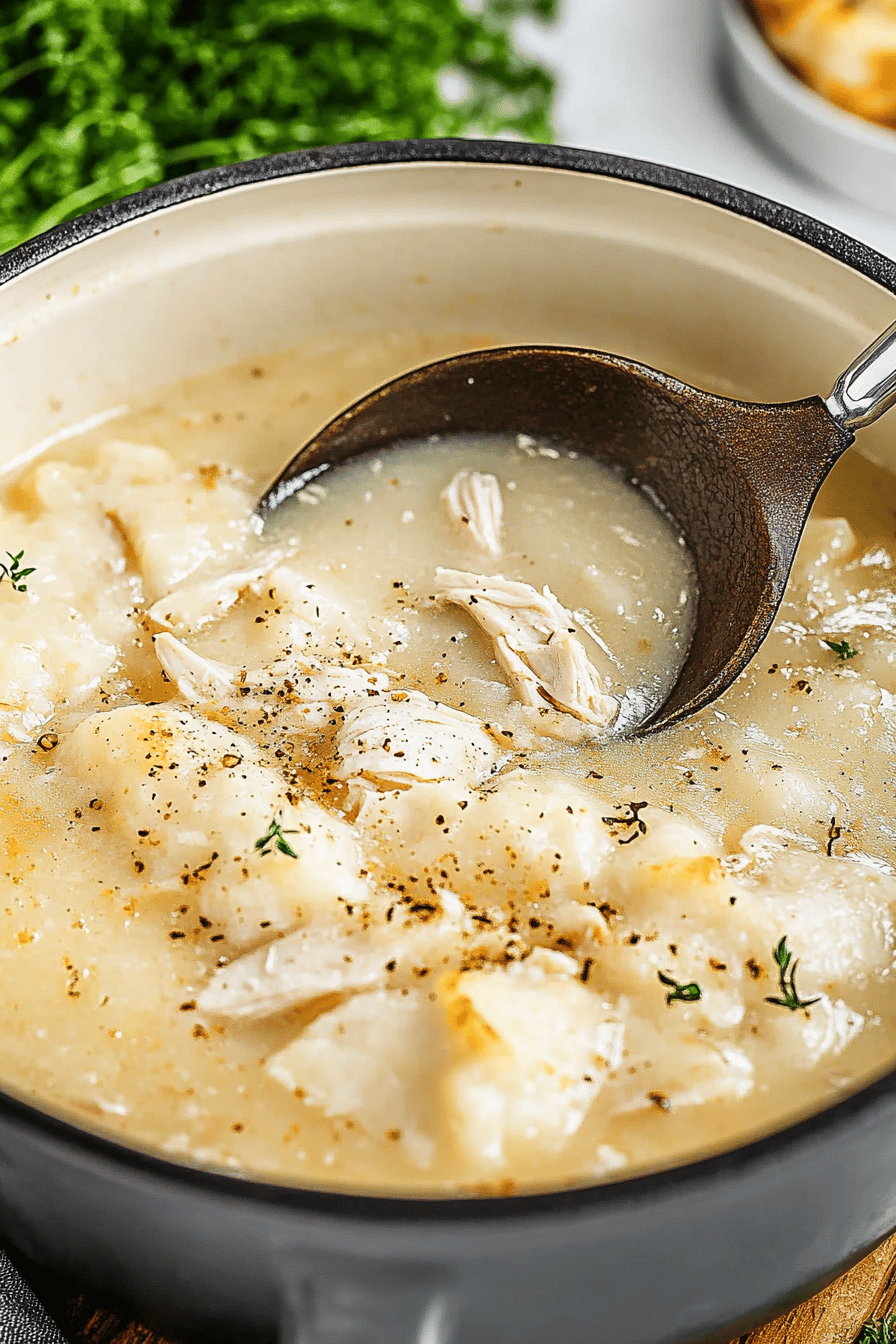 Southern Style Chicken and Dumplings slice on plate showing perfect texture and swirl pattern