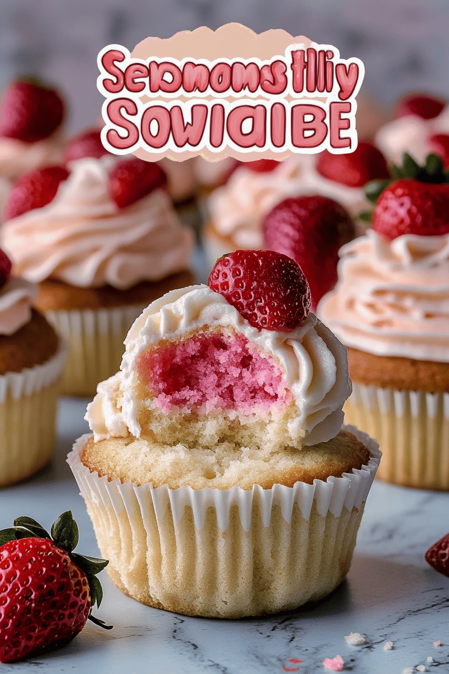 Strawberry Surprise Cupcakes slice on plate showing perfect texture and swirl pattern