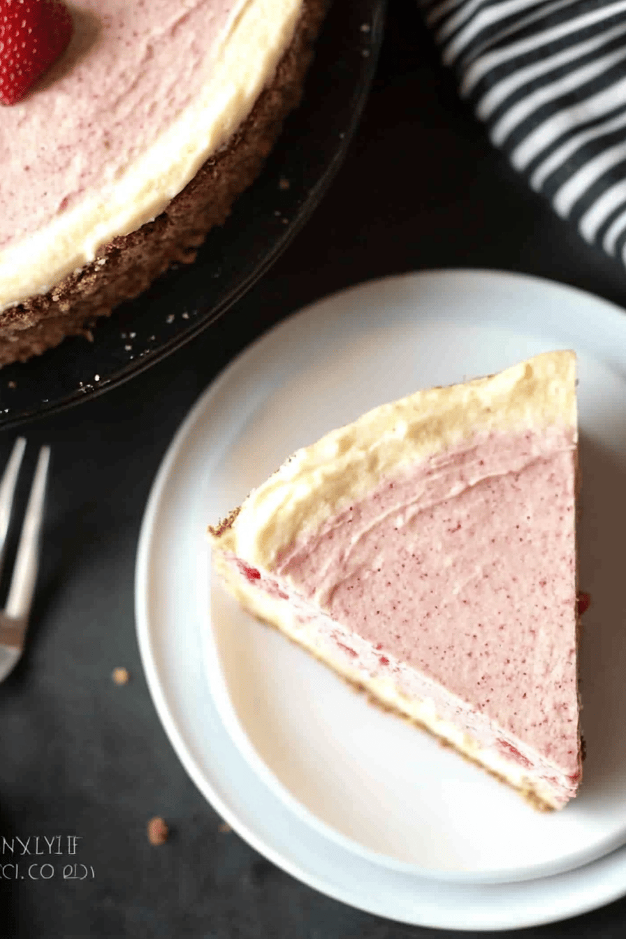Strawberry cheesecake slice on plate showing perfect texture and swirl pattern