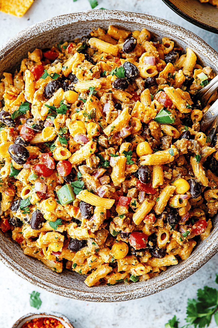 Taco Pasta Salad Recipe ingredients organized and measured on kitchen counter