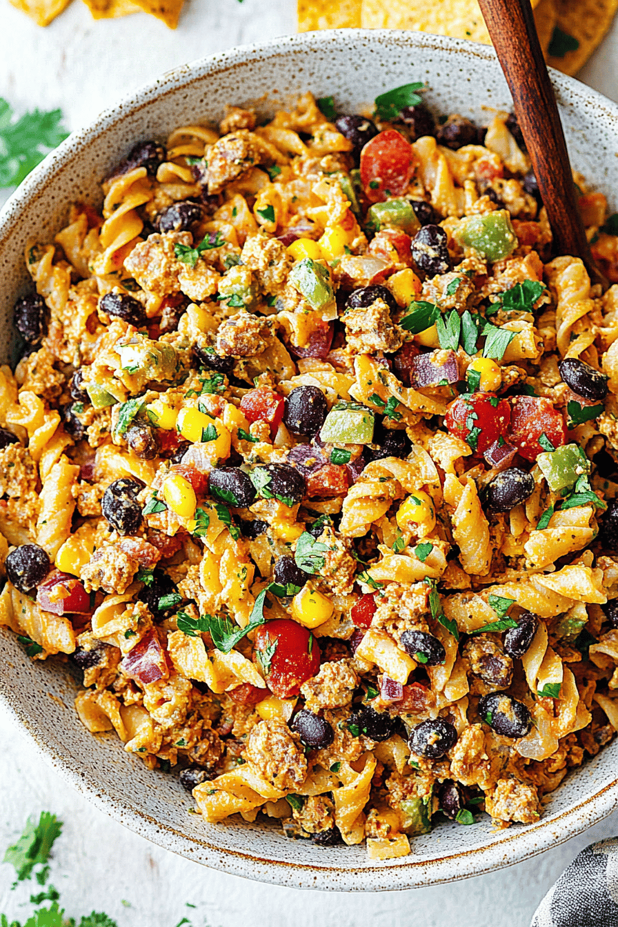 Taco Pasta Salad Recipe slice on plate showing perfect texture and swirl pattern