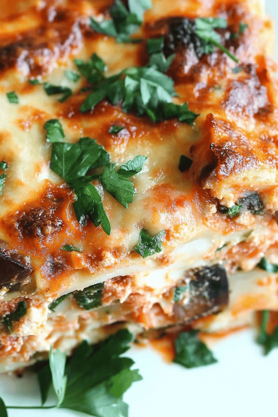 Veggie lasagna slice on plate showing perfect texture and swirl pattern