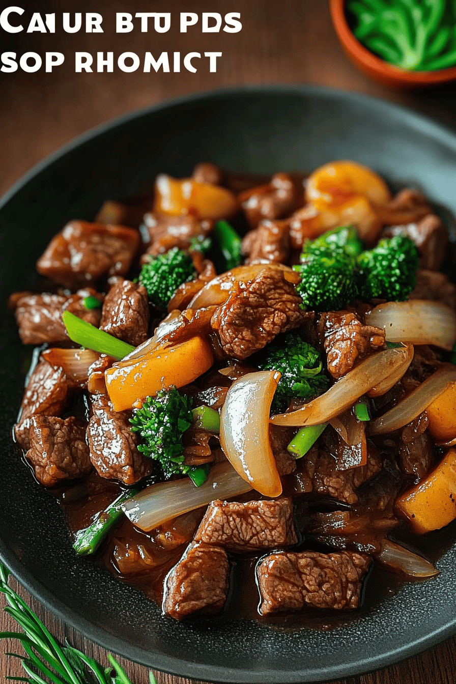 beef stir fry ingredients organized and measured on kitchen counter