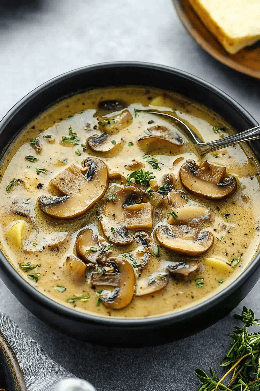 best mushroom soup slice on plate showing perfect texture and swirl pattern