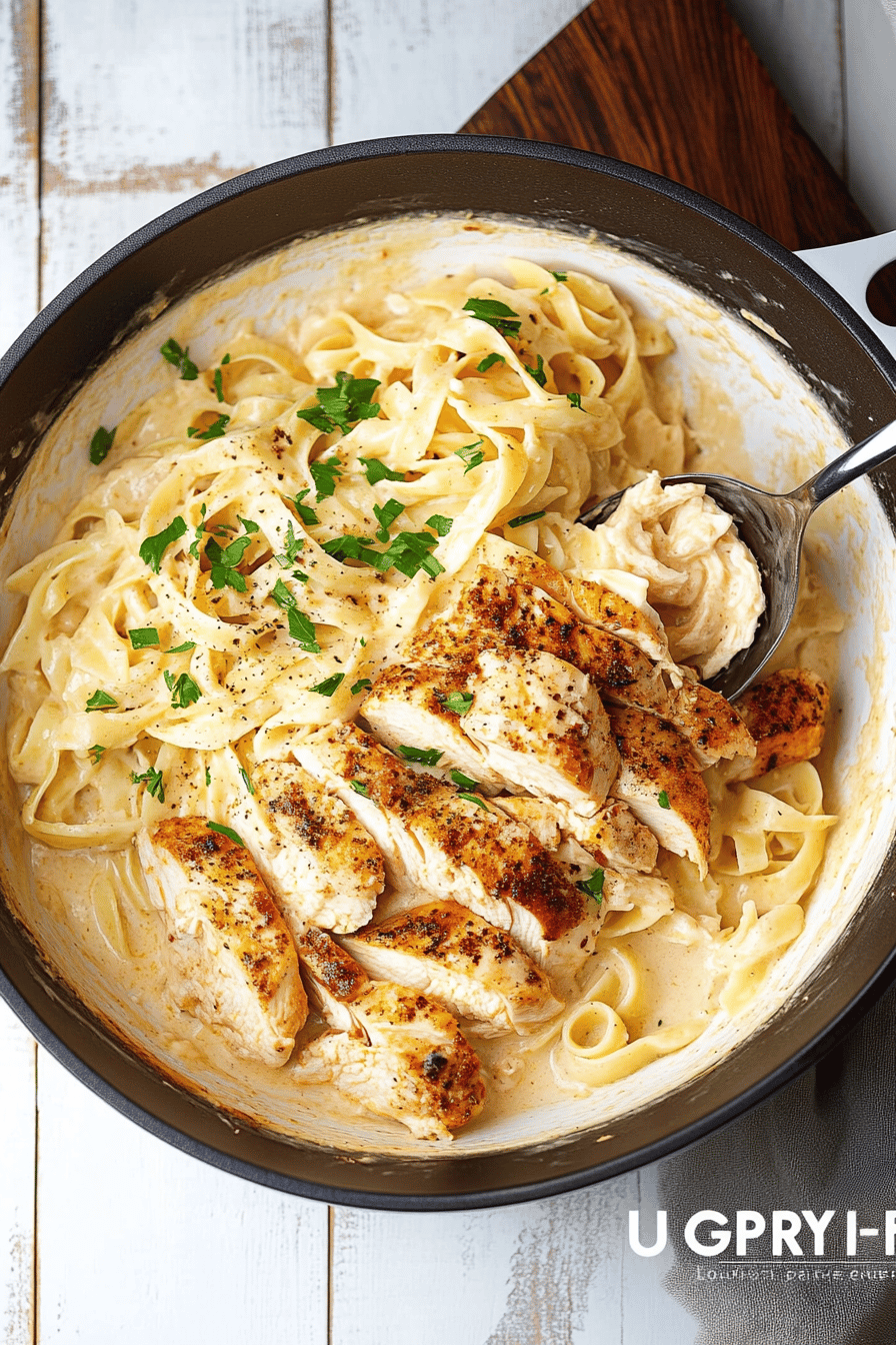 chicken alfredo ingredients organized and measured on kitchen counter