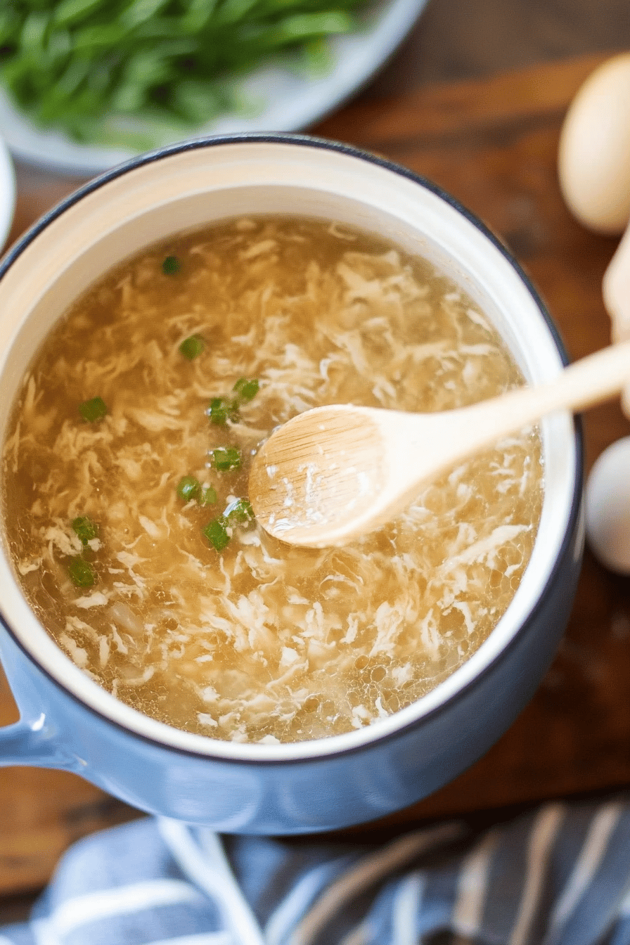 egg drop soup slice on plate showing perfect texture and swirl pattern