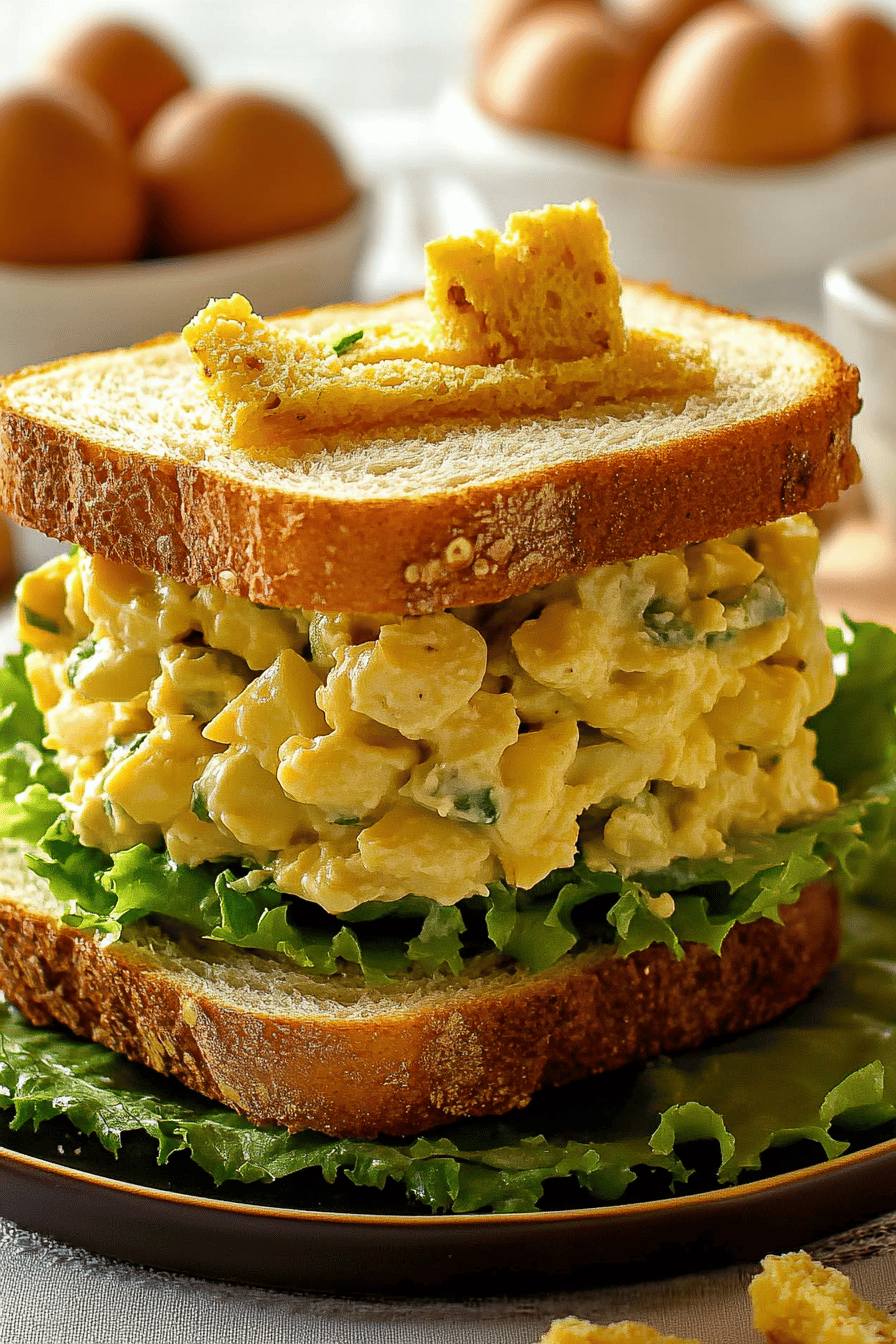 egg salad recipe slice on plate showing perfect texture and swirl pattern