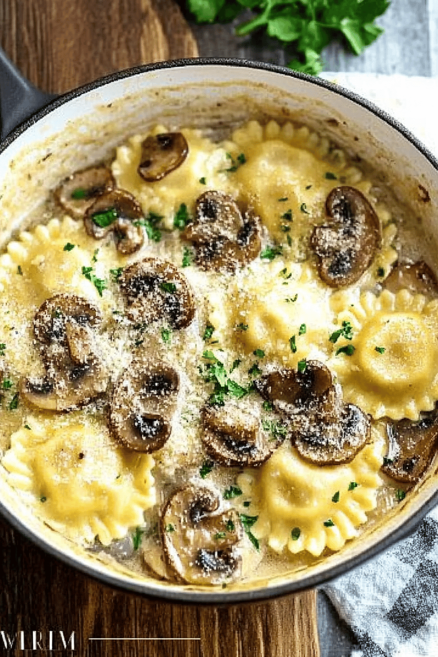 mushroom ravioli slice on plate showing perfect texture and swirl pattern