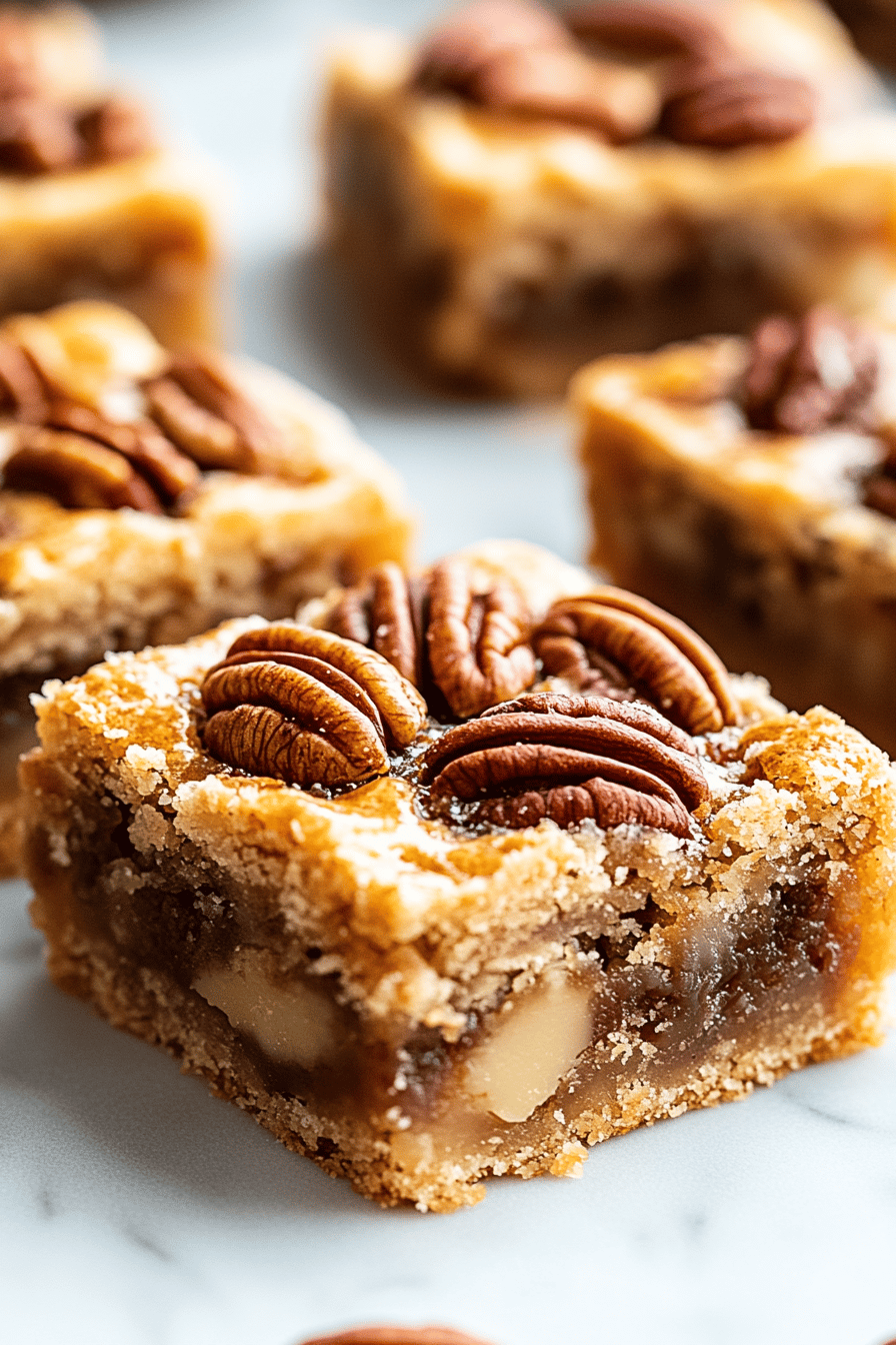 pecan pie bars slice on plate showing perfect texture and swirl pattern
