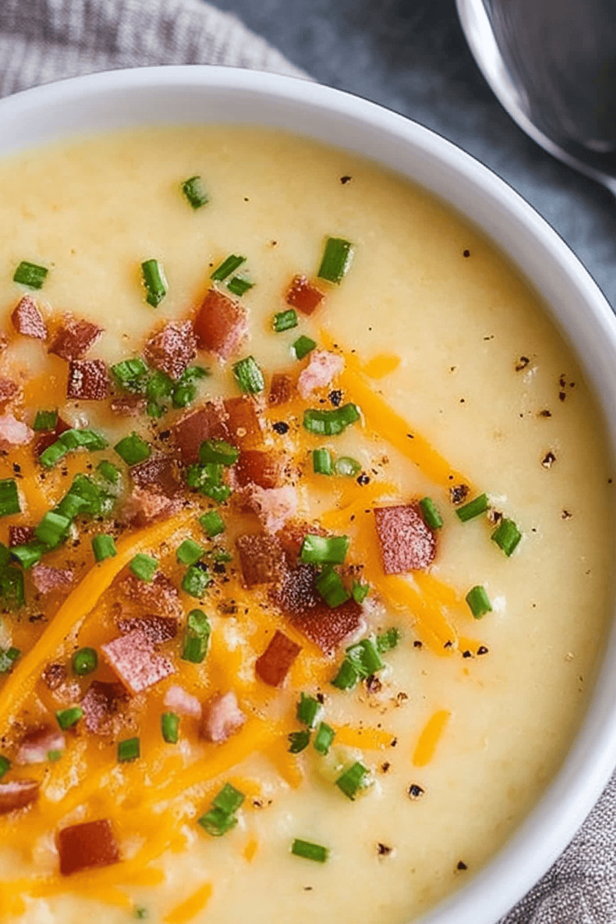 potato cheese soup slice on plate showing perfect texture and swirl pattern