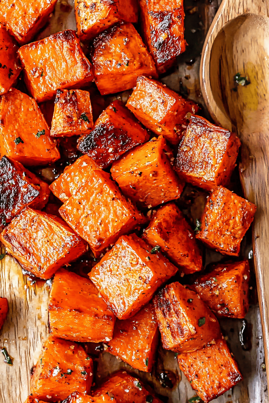 roasted sweet potato cubes ingredients organized and measured on kitchen counter