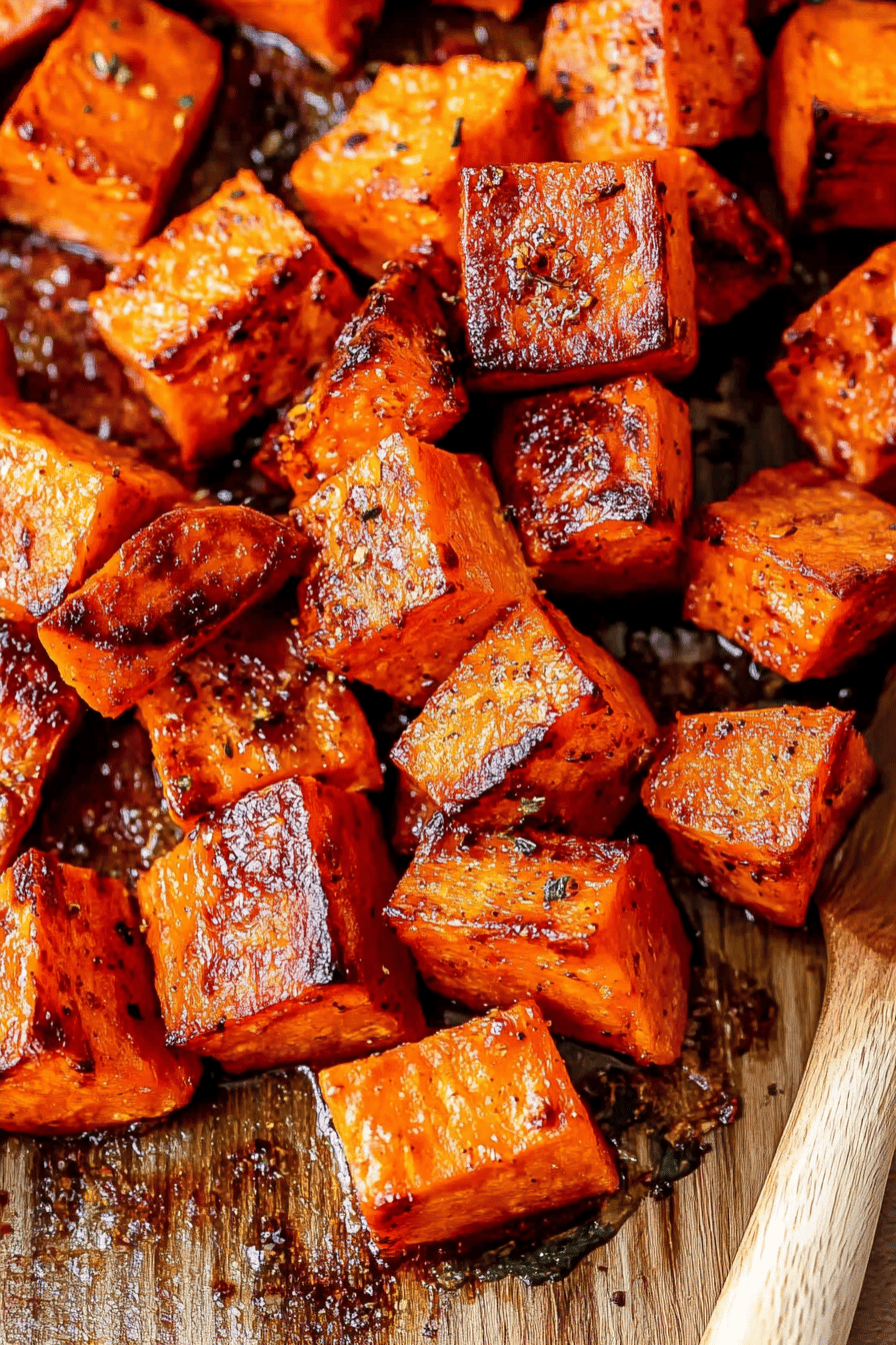 roasted sweet potato cubes slice on plate showing perfect texture and swirl pattern