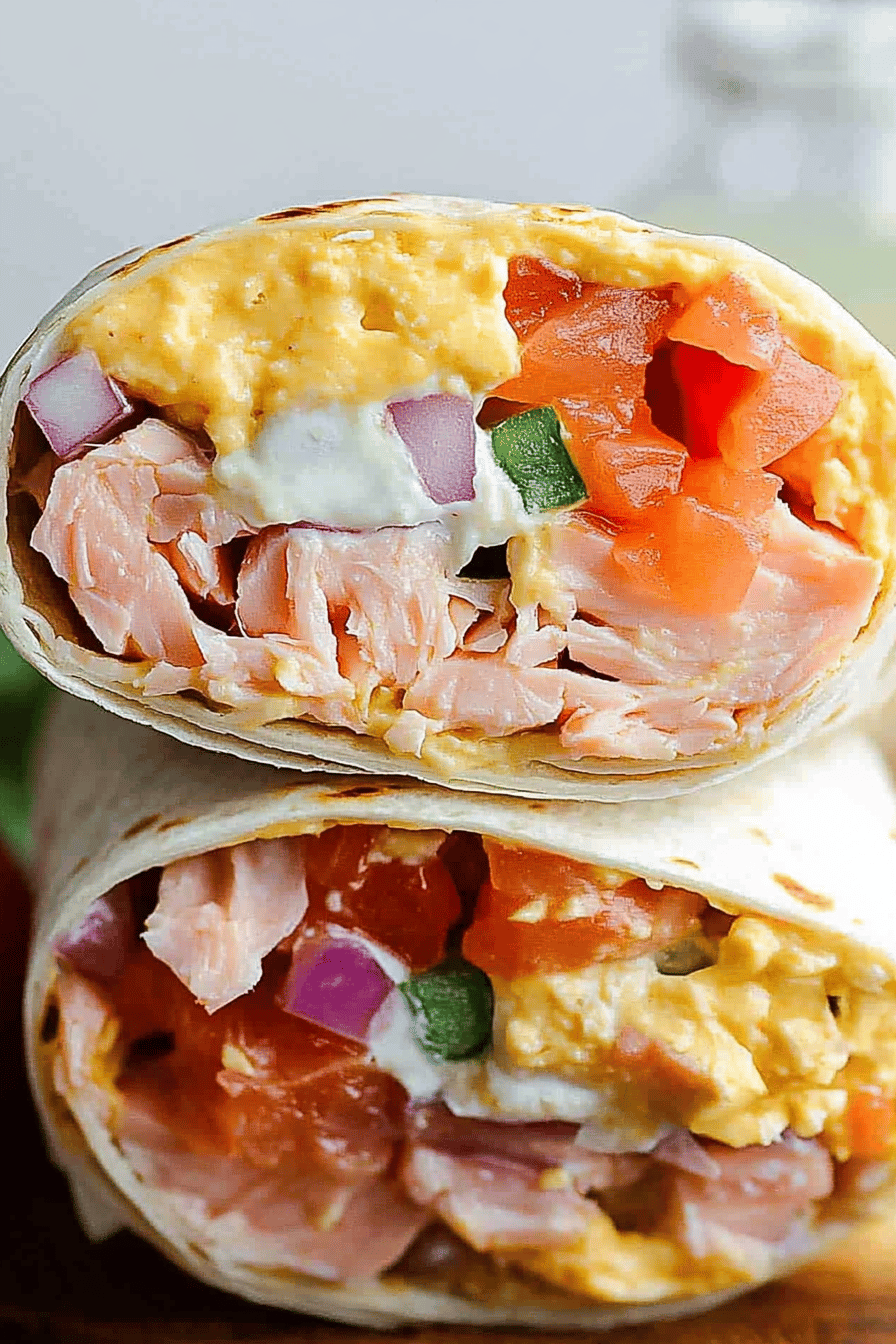 smoked salmon burrito slice on plate showing perfect texture and swirl pattern