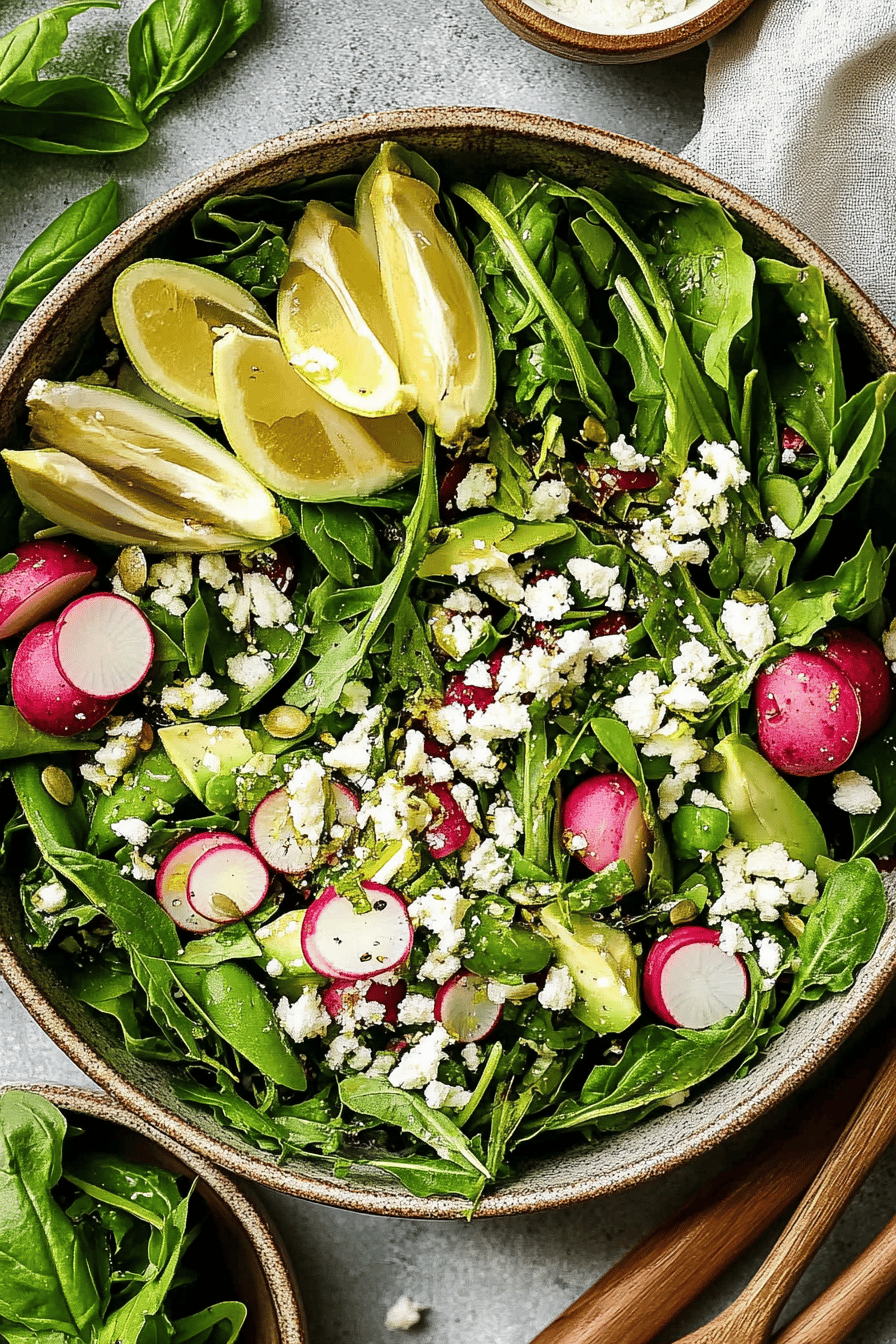 spring salad ingredients slice on plate showing perfect texture and swirl pattern
