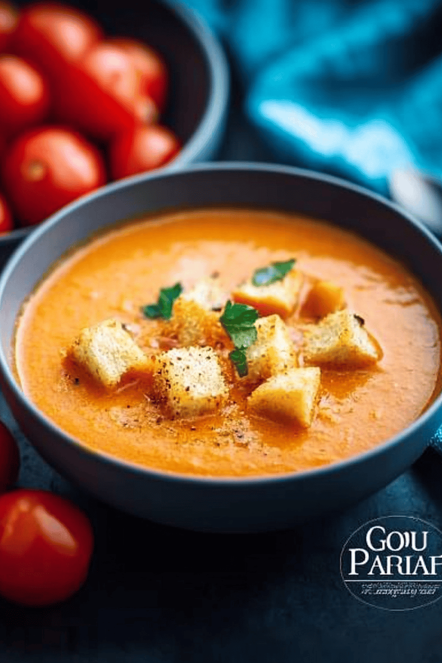 tomato soup slice on plate showing perfect texture and swirl pattern