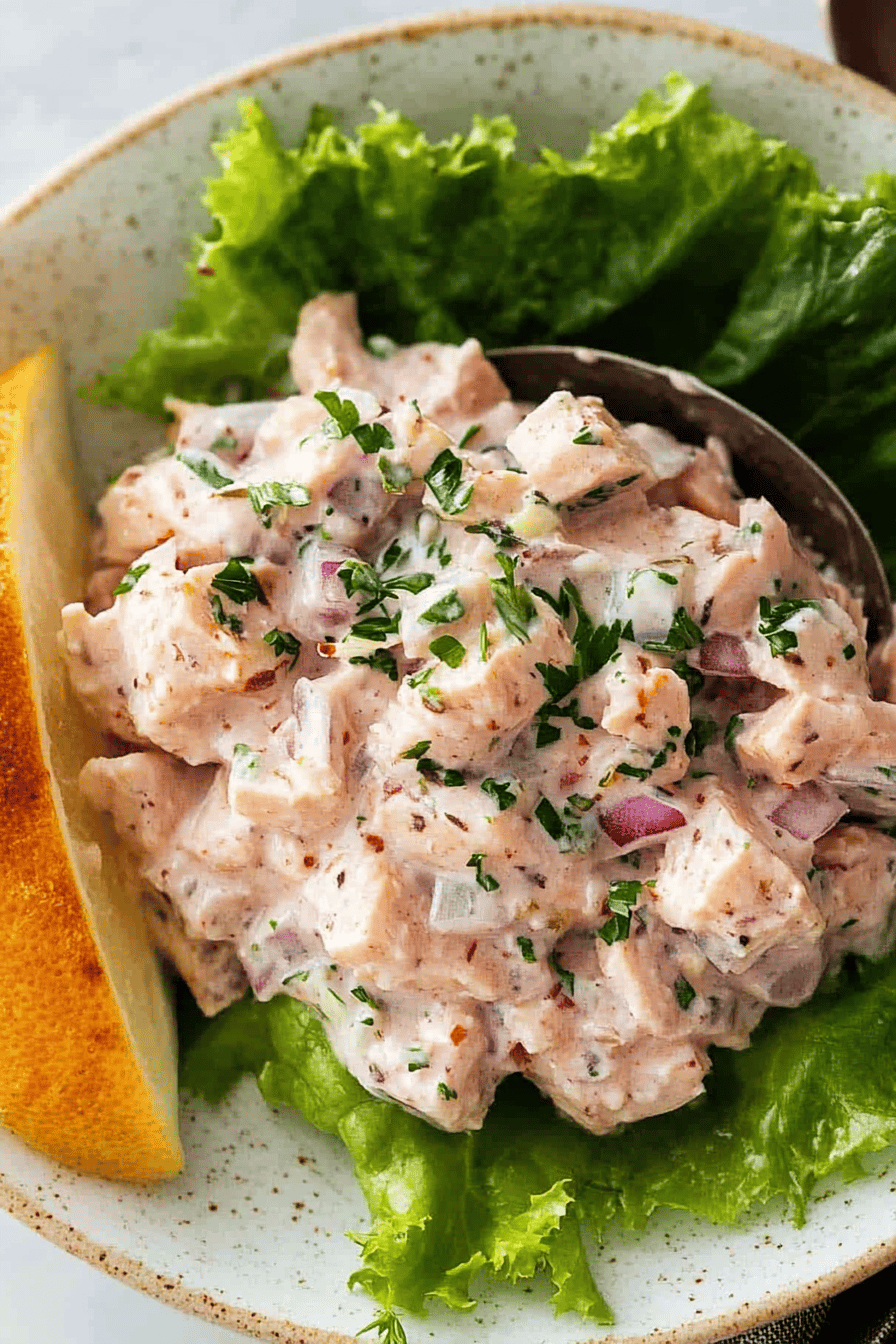tuna salad slice on plate showing perfect texture and swirl pattern
