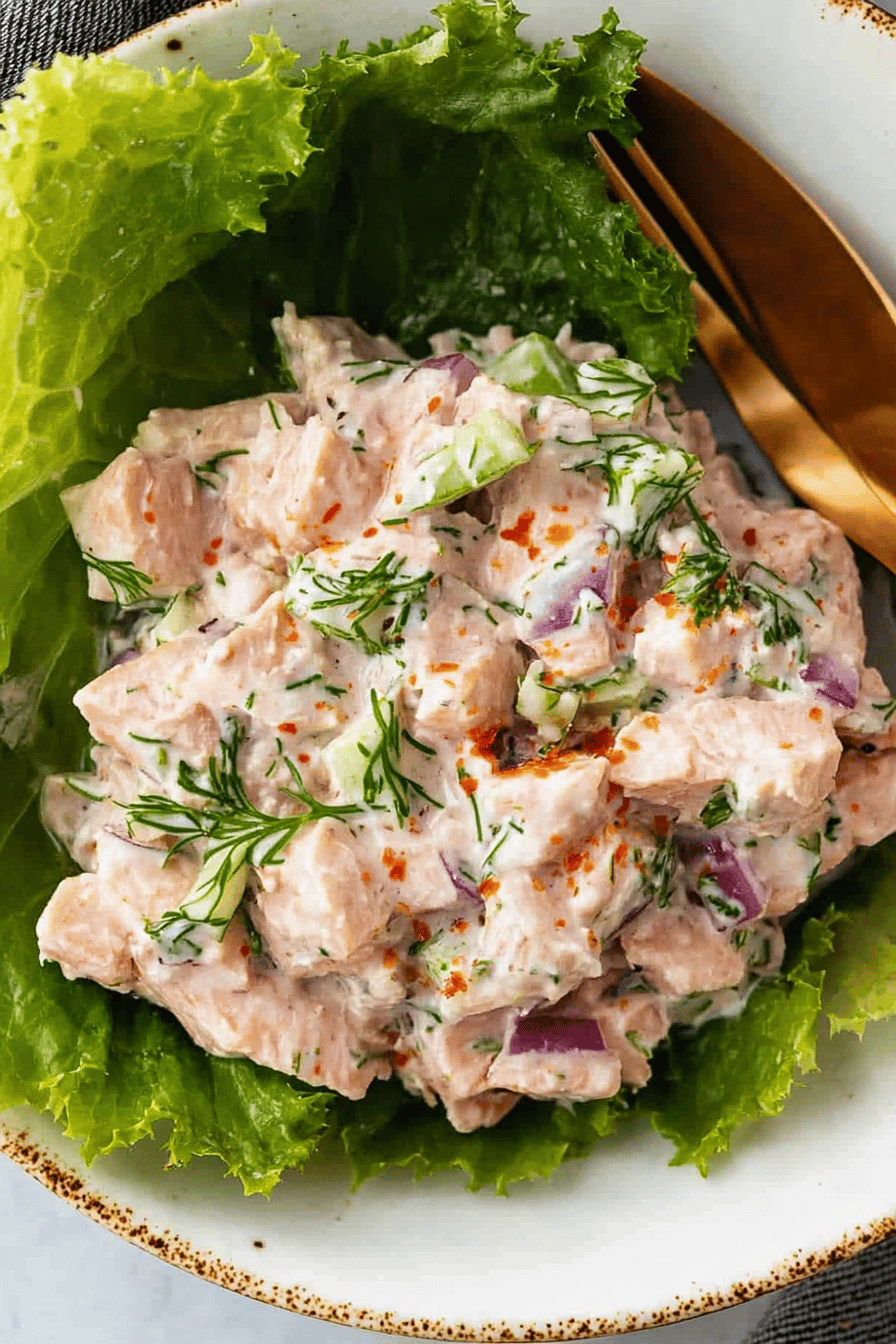 tuna salad slice on plate showing perfect texture and swirl pattern