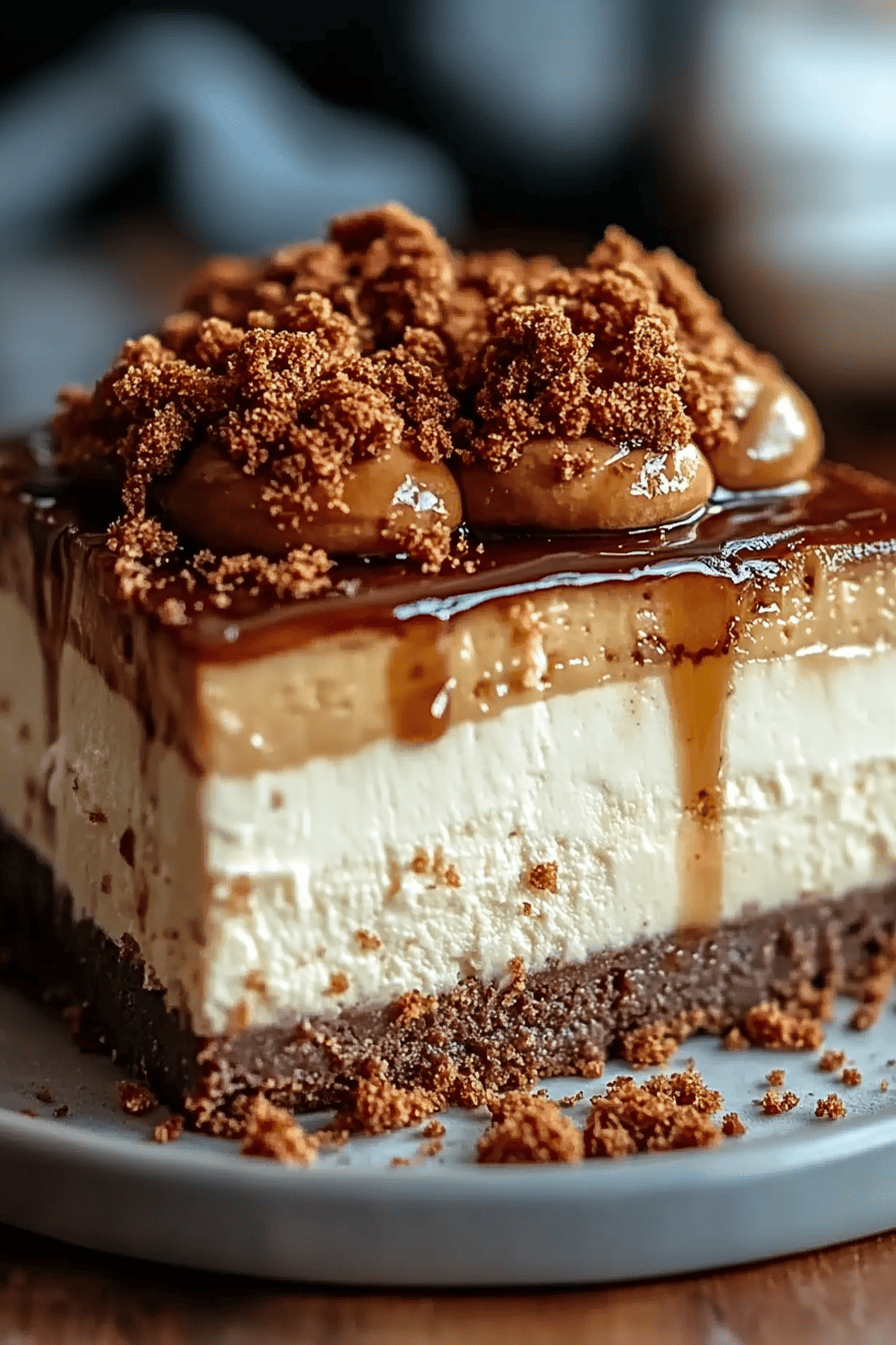 Biscoff cheesecake slice on plate showing perfect texture and swirl pattern