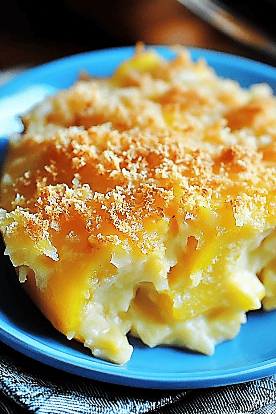Cheesy squash casserole slice on plate showing perfect texture and swirl pattern