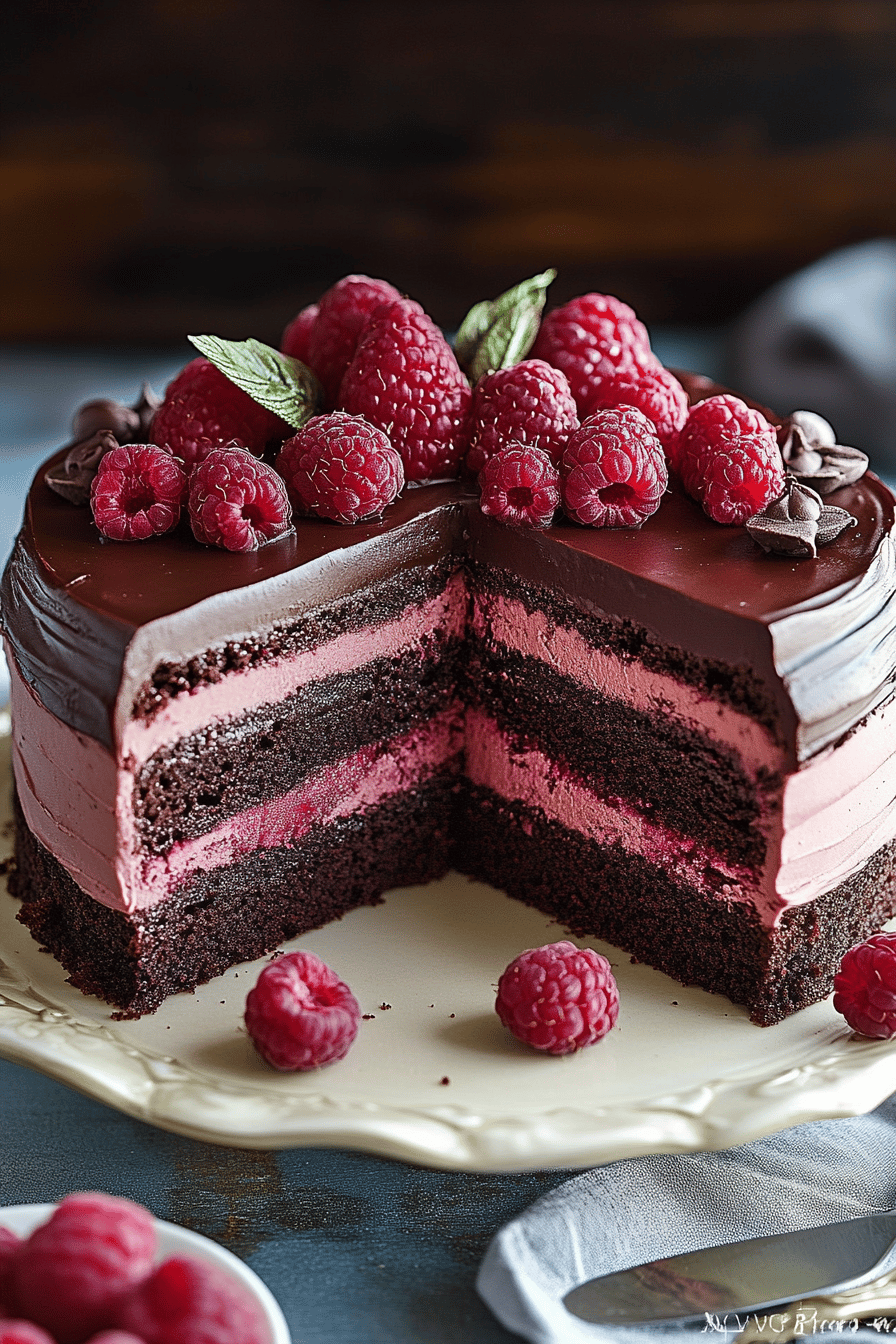 Chocolate raspberry cake slice on plate showing perfect texture and swirl pattern