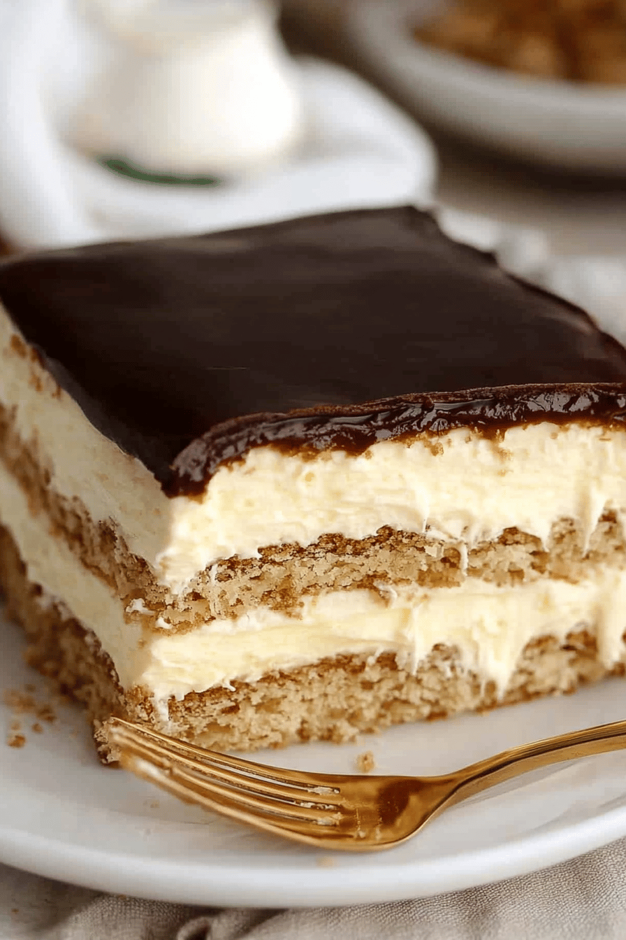 Eclair Cake slice on plate showing perfect texture and swirl pattern