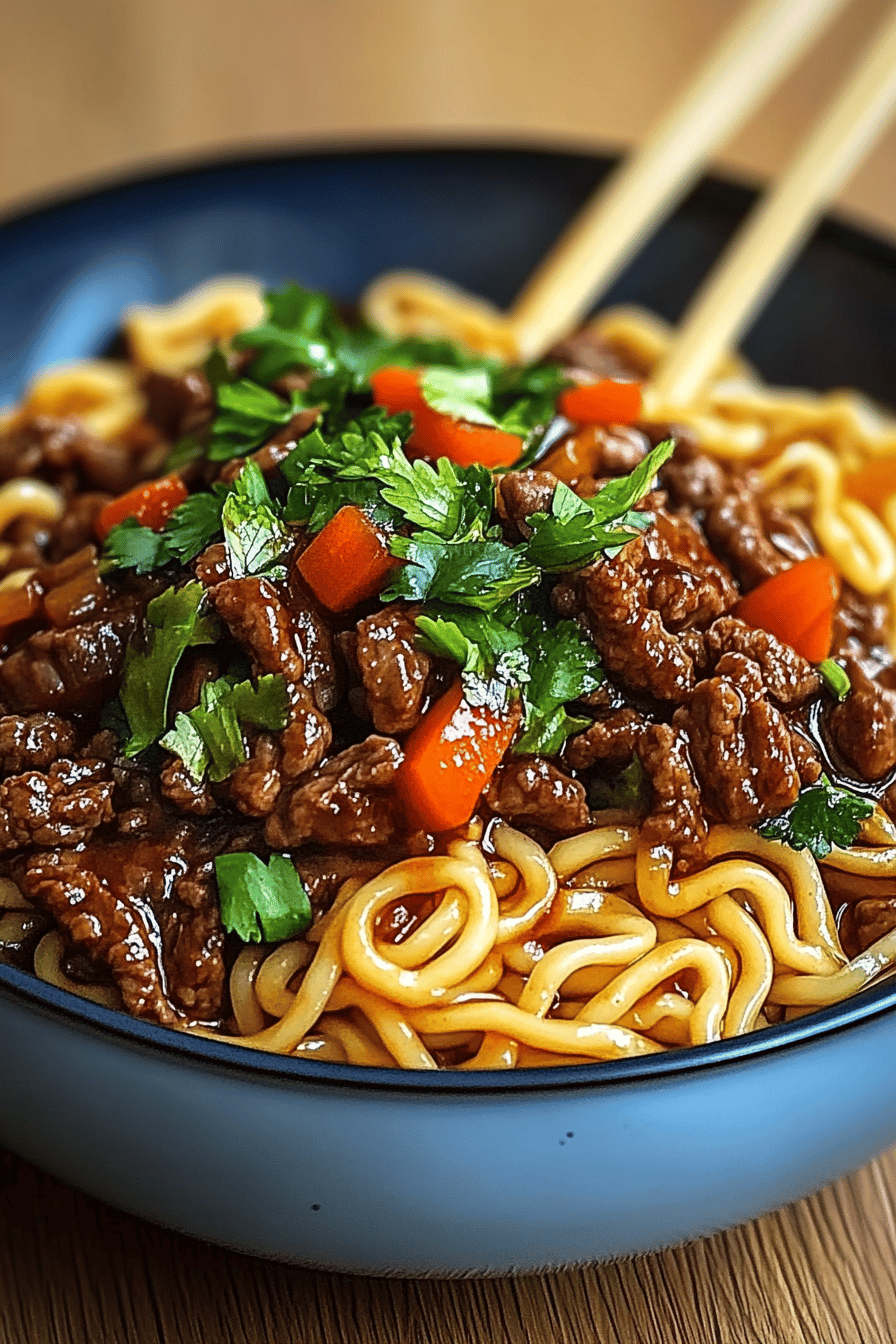 Hoisin beef noodles slice on plate showing perfect texture and swirl pattern