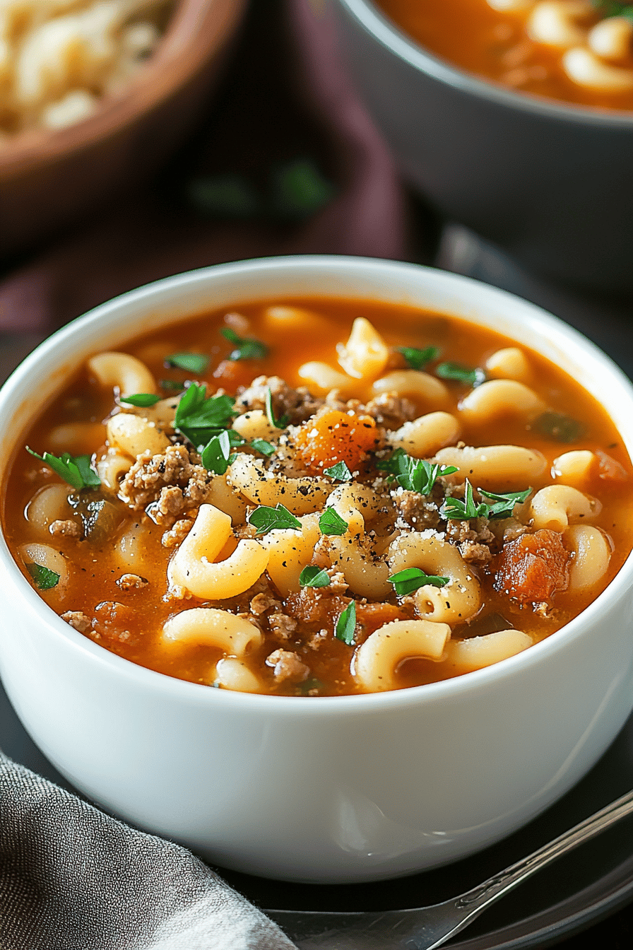 Macaroni soup slice on plate showing perfect texture and swirl pattern