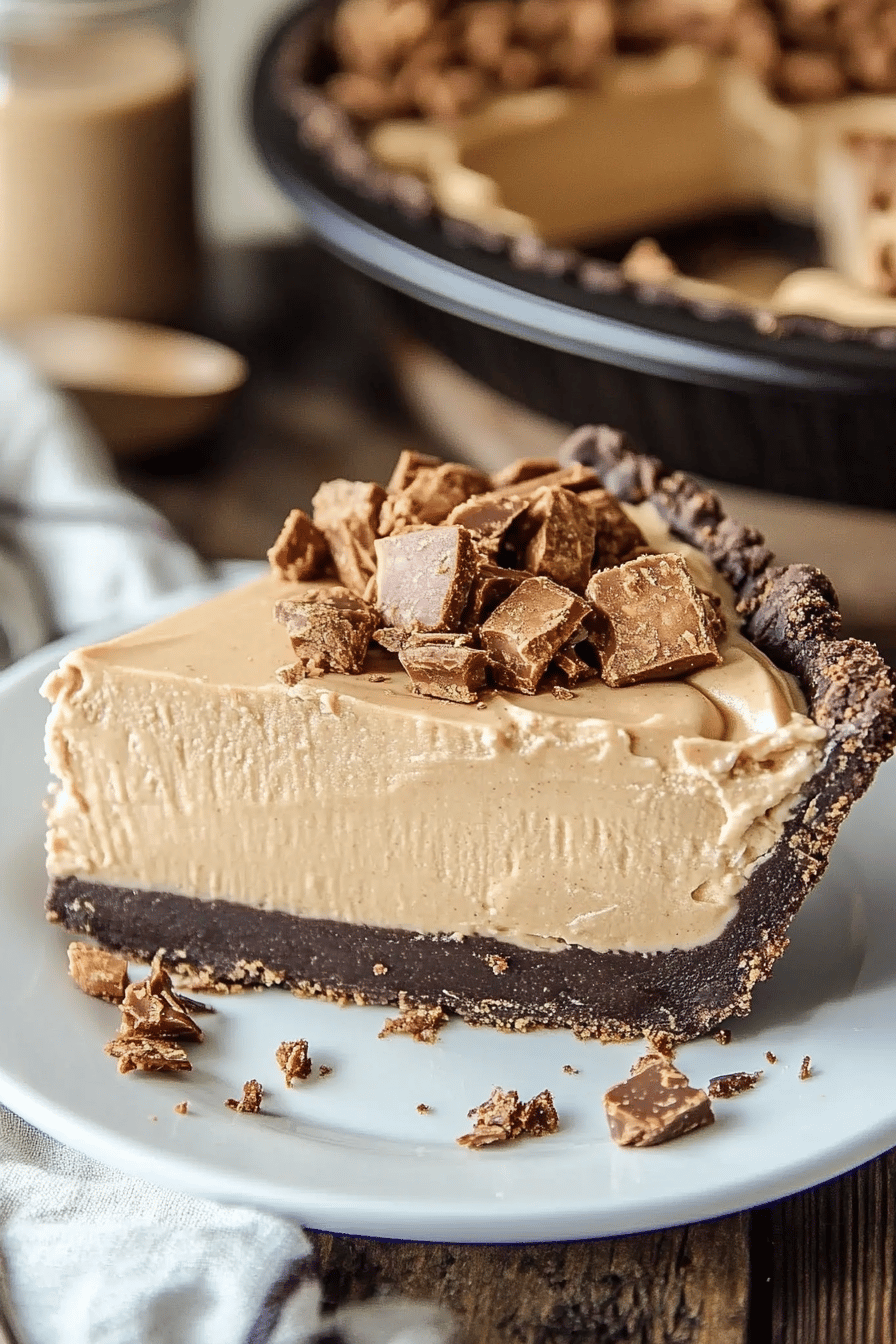 No-bake peanut butter pie slice on plate showing perfect texture and swirl pattern