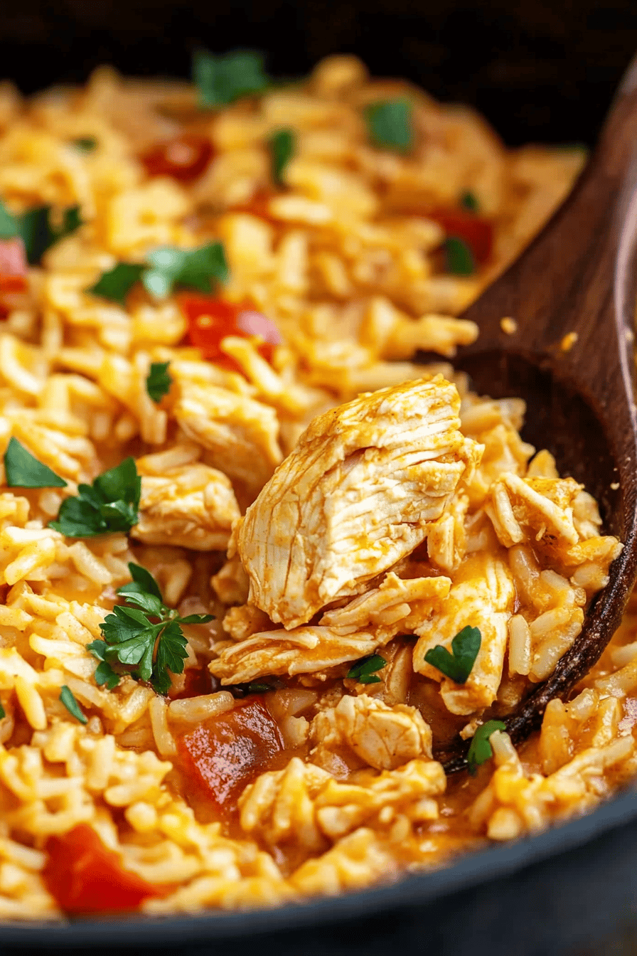 One-pot queso chicken slice on plate showing perfect texture and swirl pattern