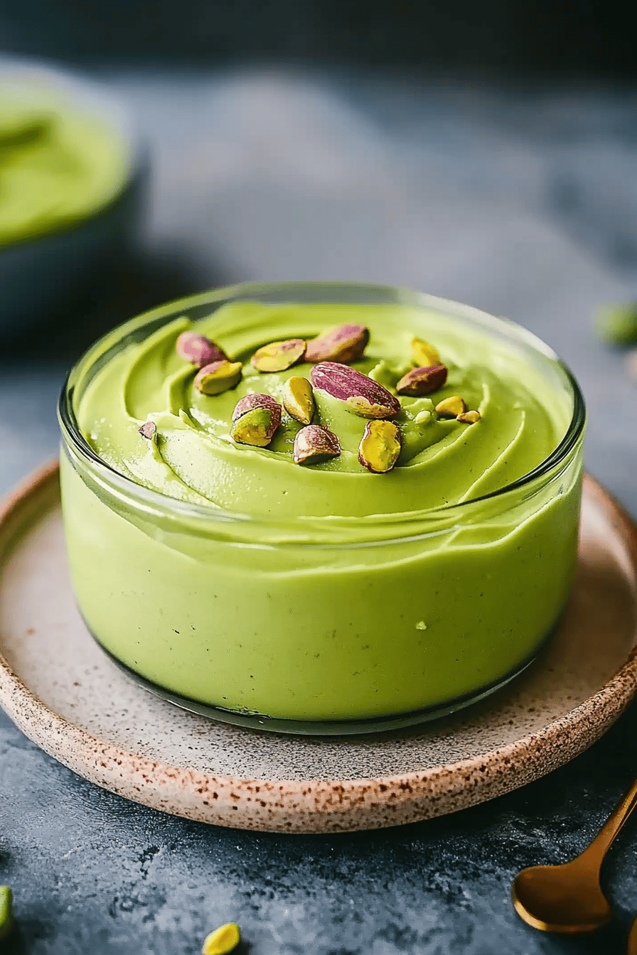 Pistachio cream recipe slice on plate showing perfect texture and swirl pattern