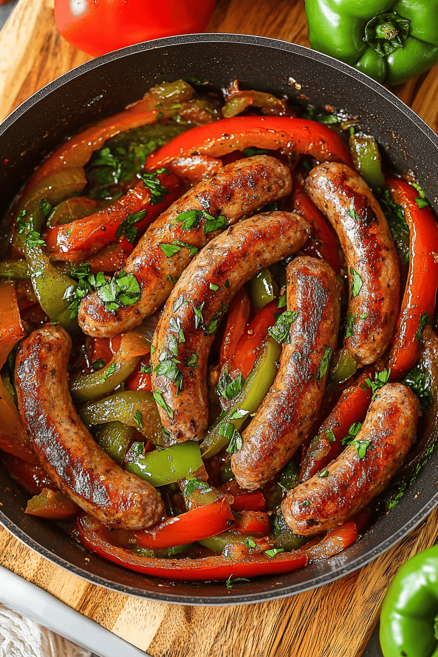 Sausage and peppers ingredients organized and measured on kitchen counter