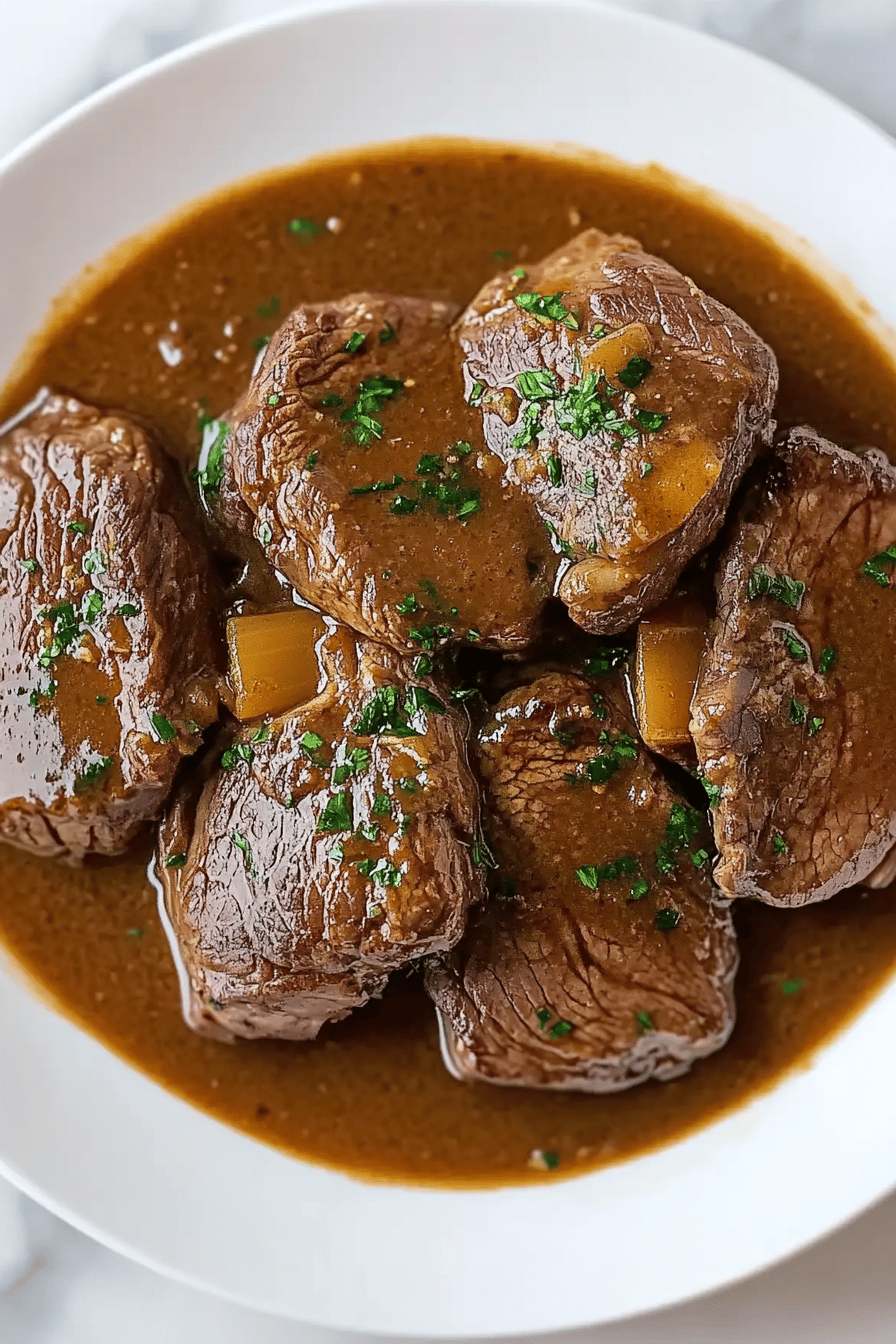 Slow cooker round steak slice on plate showing perfect texture and swirl pattern