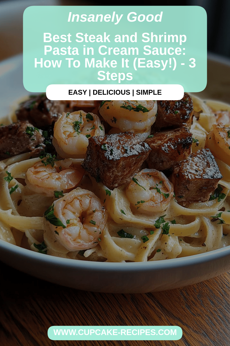Steak shrimp pasta final dish beautifully presented and ready to serve