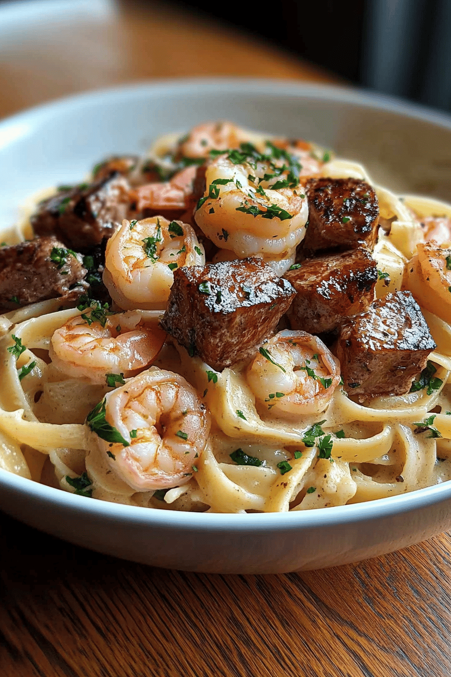 Steak shrimp pasta ingredients organized and measured on kitchen counter