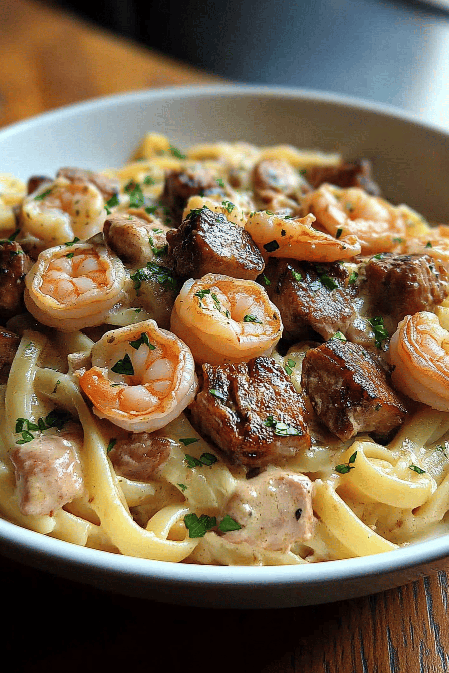 Steak shrimp pasta slice on plate showing perfect texture and swirl pattern