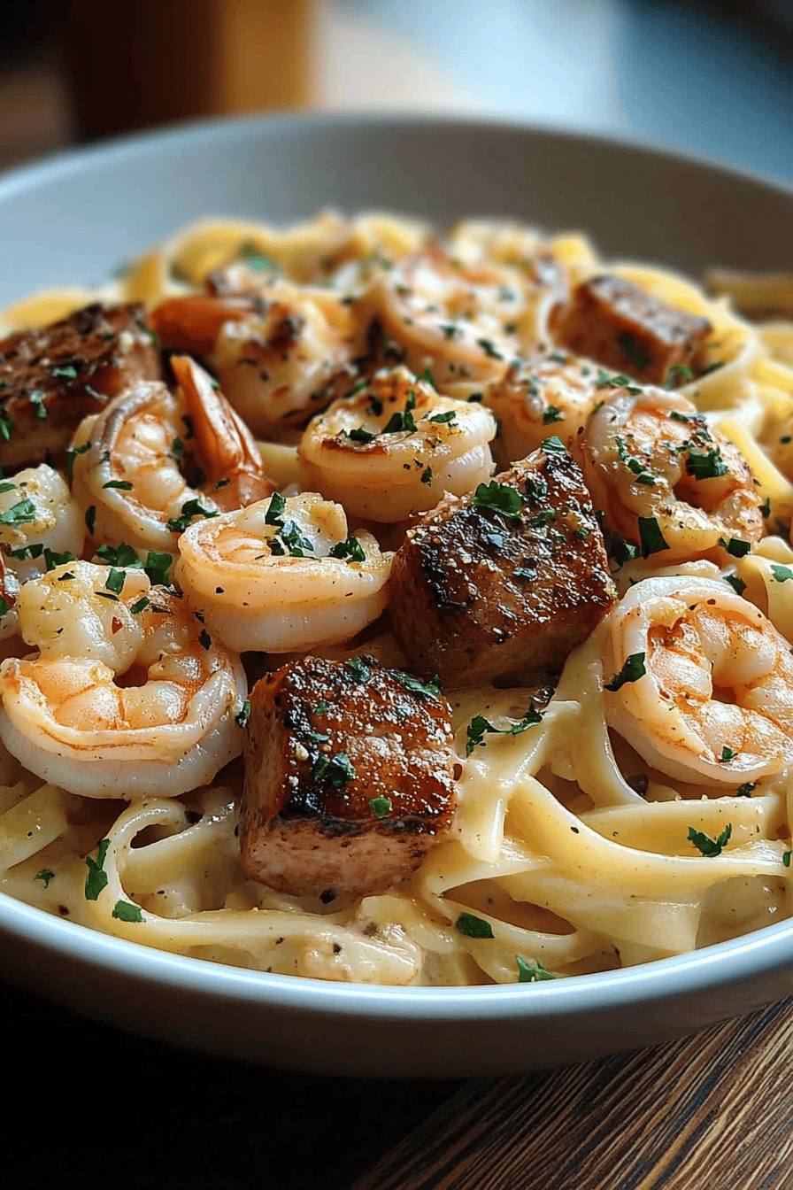 Steak shrimp pasta