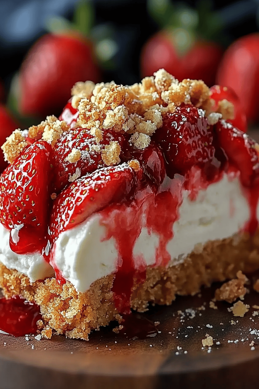 Strawberry crunch cheesecake slice on plate showing perfect texture and swirl pattern