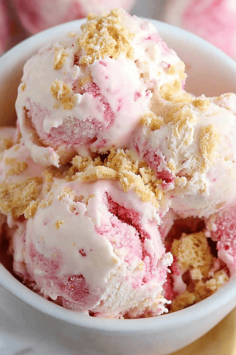 Strawberry shortcake ice cream slice on plate showing perfect texture and swirl pattern