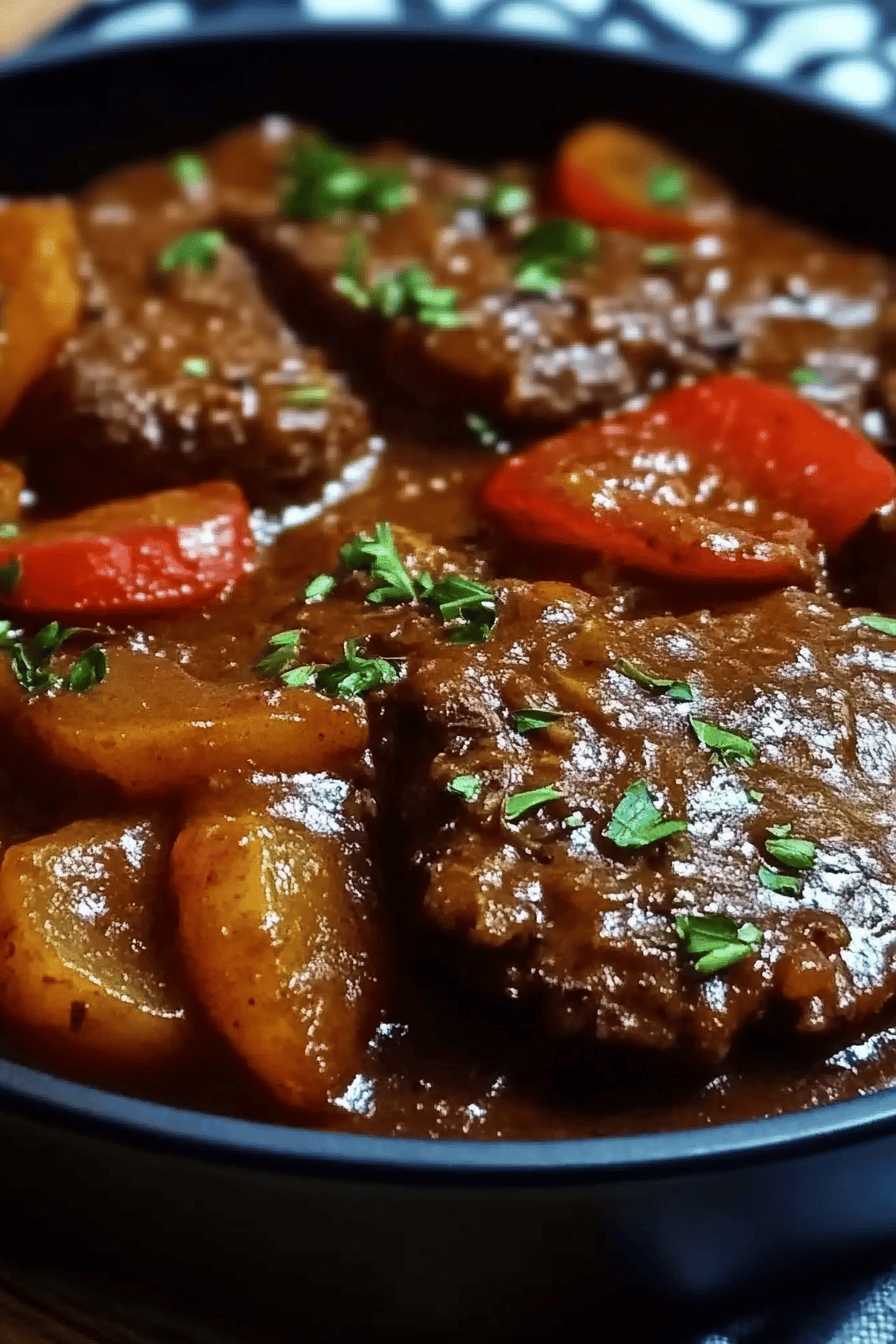 Swiss steak slice on plate showing perfect texture and swirl pattern