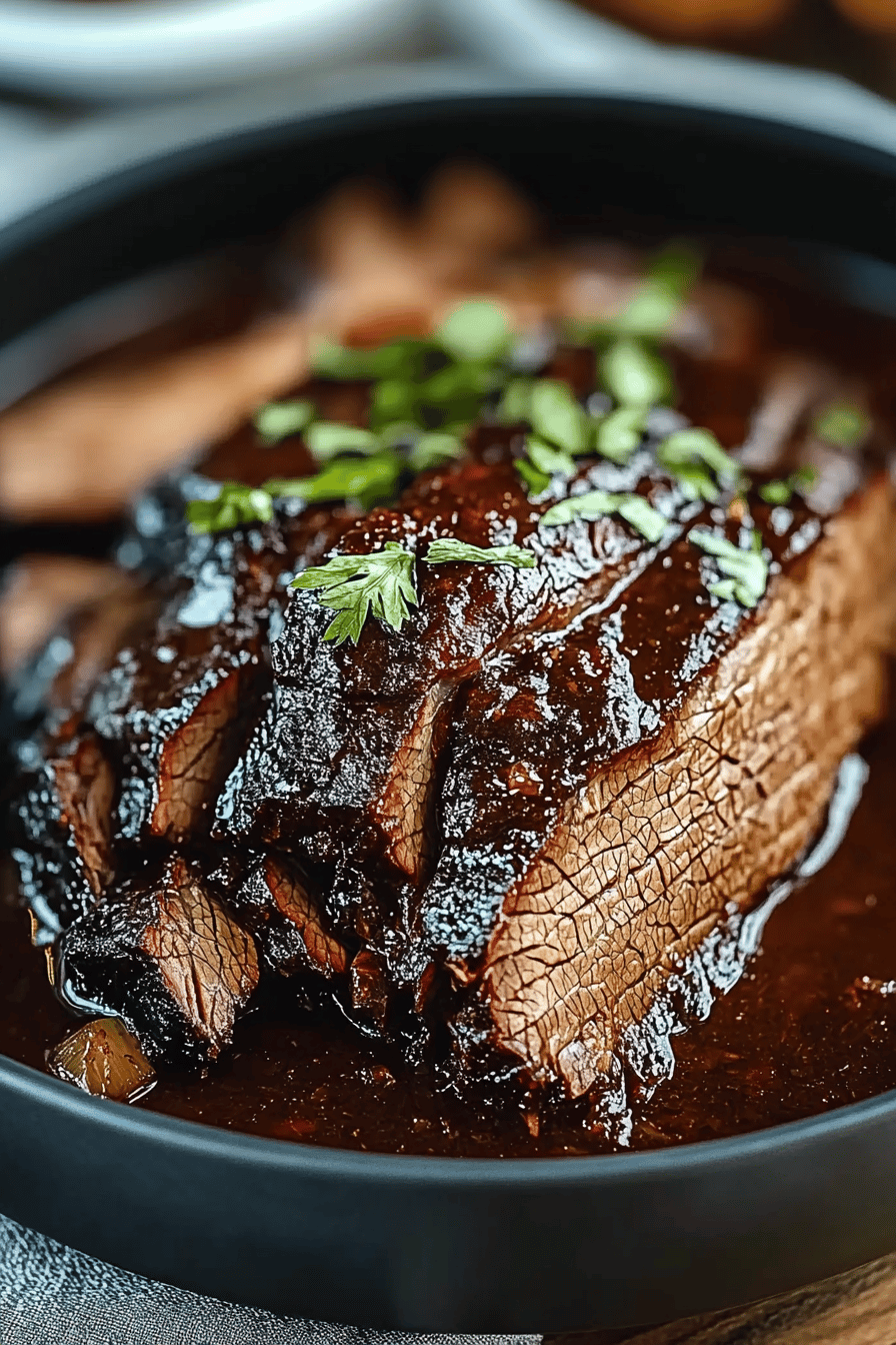 beef brisket slice on plate showing perfect texture and swirl pattern