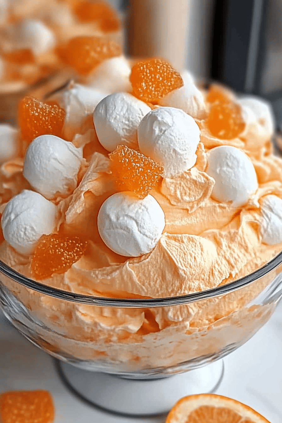 close-up of a slice of orange fluff cake on a white plate, showing its airy crumb and smooth glaze