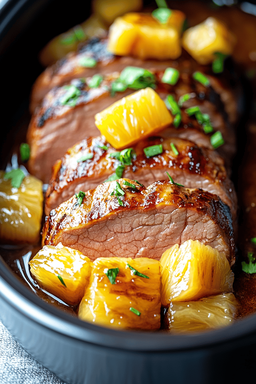 pineapple pork loin slice on plate showing perfect texture and swirl pattern