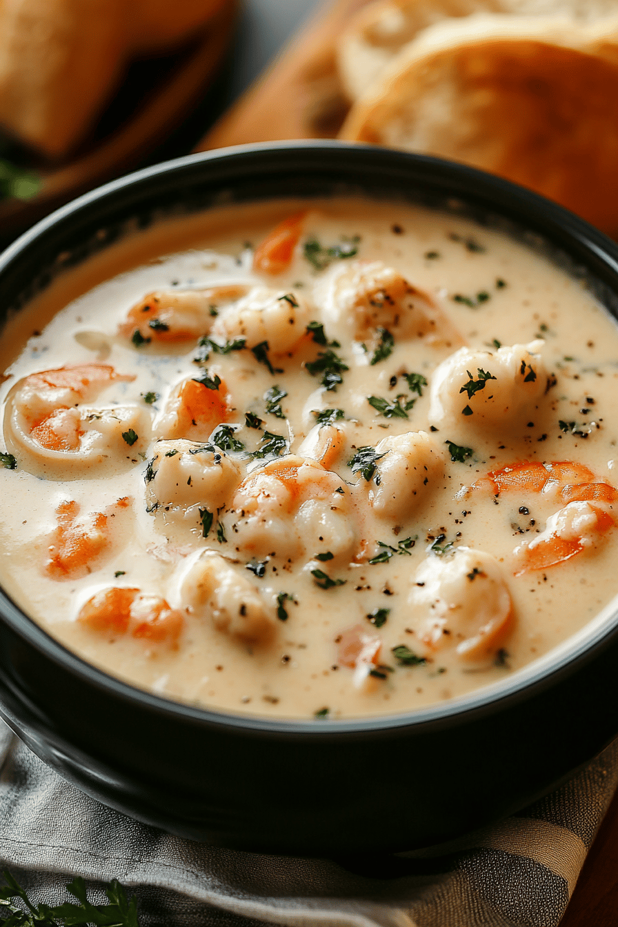 seafood bisque slice on plate showing perfect texture and swirl pattern