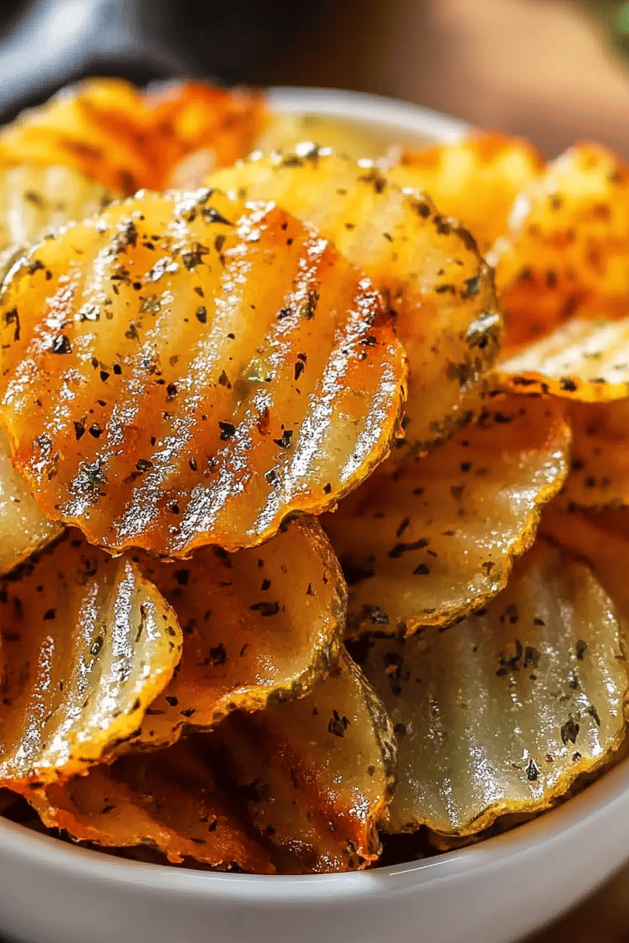 spicy dill pickle chips slice on plate showing perfect texture and swirl pattern
