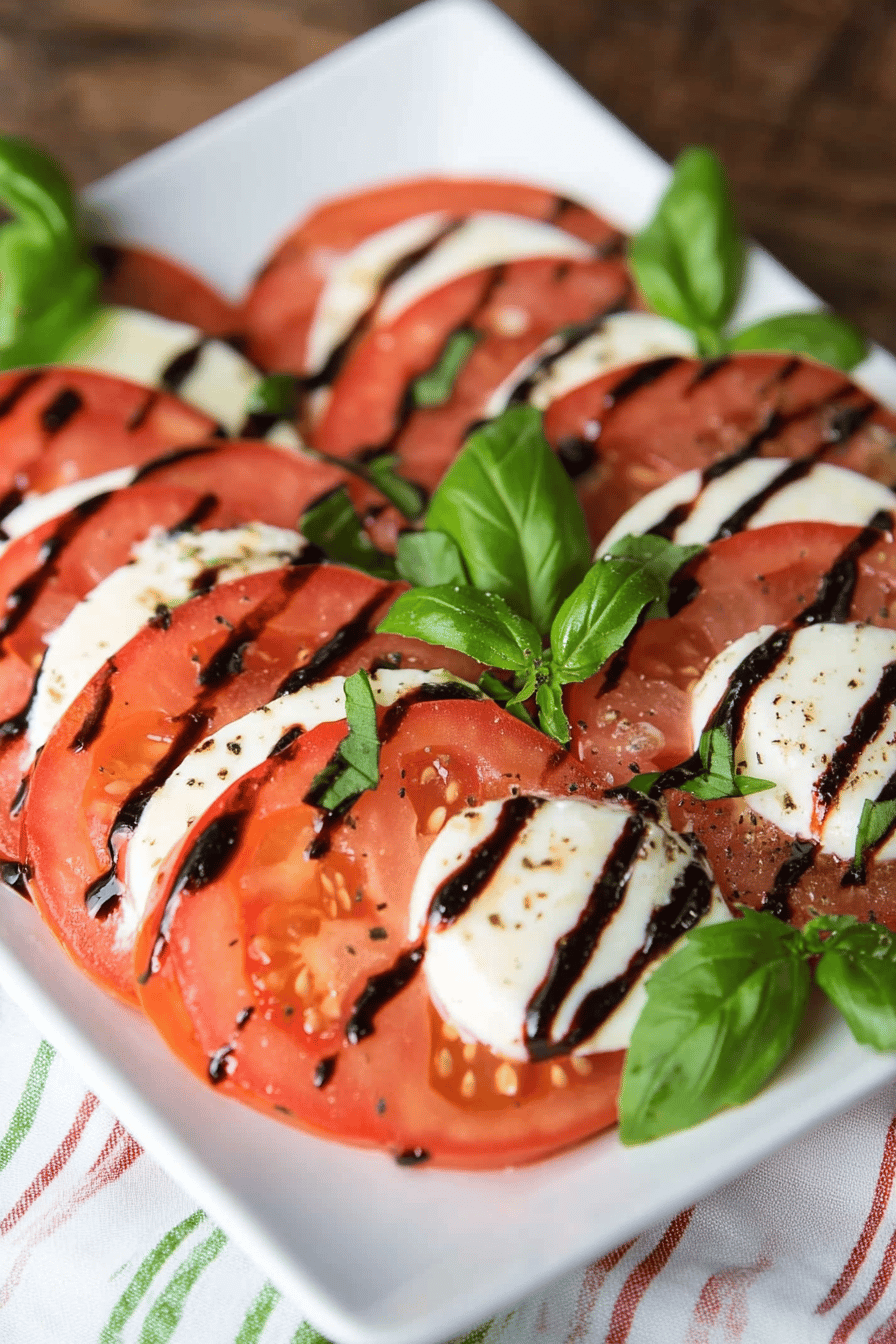 tomato mozzarella salad slice on plate showing perfect texture and swirl pattern
