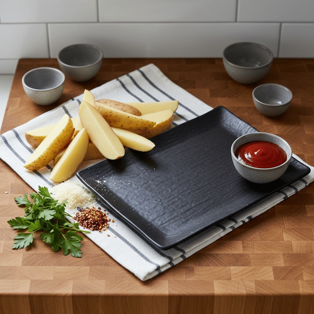 Air Fryer Potato Wedges ingredients organized and measured on kitchen counter